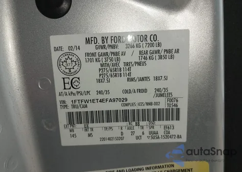 2014 Ford F-150 Xlt from USA, damaged, VIN 1FTFW1ET4EFA97029